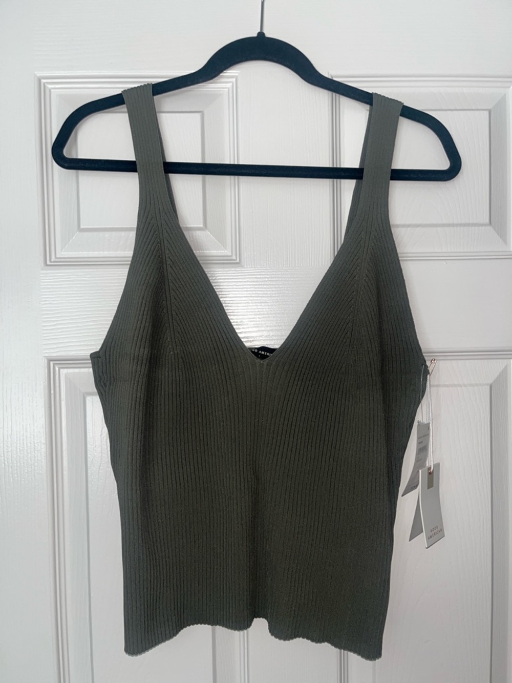 Good American Olive Ribbed V-Neck Tank